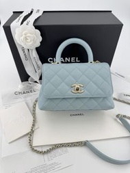 Chanel 2022 Caviar Leather Light Blue Quilted Mini Coco Handle Flap Bag with Champagne-gold toned Ha