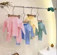 男女嬰幼兒bb kids兒童小朋友可愛秋冬天薄長袖格仔舒服衫褲睡衣家居服冷氣衫，送禮物