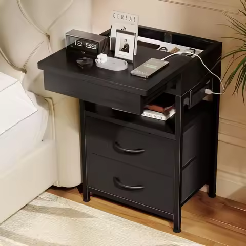 Nightstand Hidden Drawer Charging Table Charger Station Sliding Top Storage Morden 2 Drawers Dorm Li