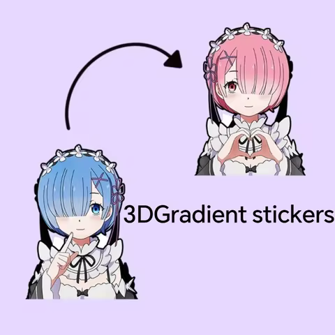 Re Zero Kara Hajimeru Isekai Seikatsu Rem Ram 3D Gradient Stickers Anime Dynamic Sticker Waterproof 