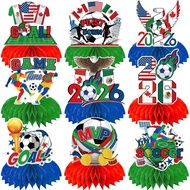 9PCS 2026 World Soccer Party Decorations Red Green and Blue Theme Honeycomb Centerpieces Double Side