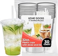 32 oz Clear Plastic Soda Cups with Lids and Straws (30 Pack) – Large Disposable Cold Drink Cups for 