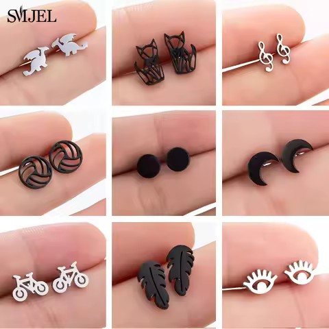 Multiple Black Stainless Steel Stud Earrings for Women Men Simple Volleyball Music Leaf Star Geometr