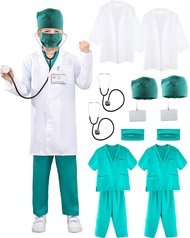 Puteraya 2 Sets Kids Doctor Costume Suit White Coat Scrub Surgery Nurse Uniform with Stethoscope Toy
