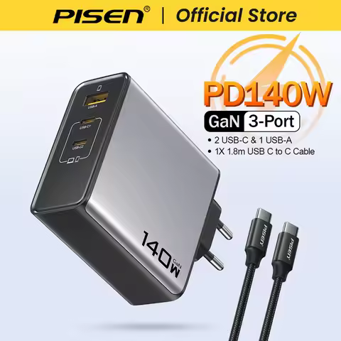 PISEN PD3.1 140W 3-Port GaN Charger With 1.8m USB C to C Fast Charging Cable Quick Charger for MacBo