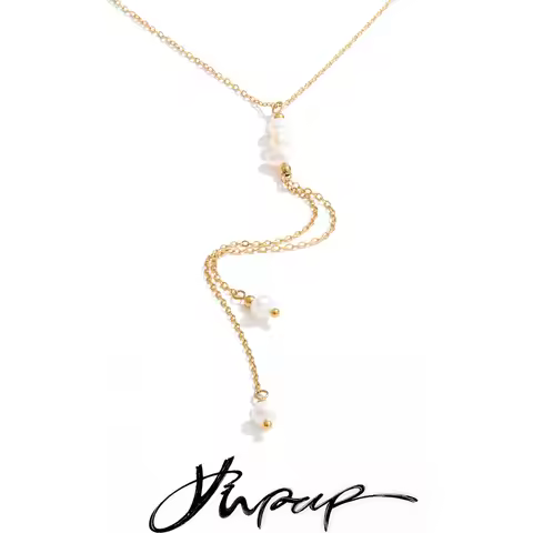 Yhpup Stainless Steel Natural Pearls Y Chain Tassel Drop Necklace Waterproof Fashion Jewelry 16K Gol