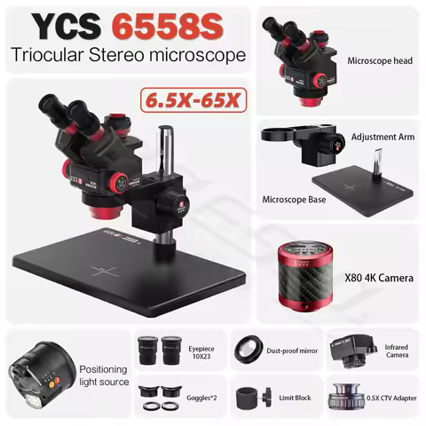 YCS 6558X 6558S Trinocular Microscope with Large Base 6.5-58 Zoom 4K Camera for Phone PCB BGA CPU We
