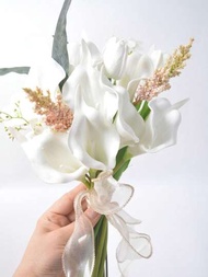 1束白色馬蹄蓮仿真觸感人造花，人造新娘花束，絲絨百合花束，婚禮裝飾，新娘手持花