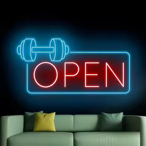 Gym Fitness Open Neon Sign Dumbbell Open Led Light for Gym Exercise Room Fitness Club Open Wall Deco