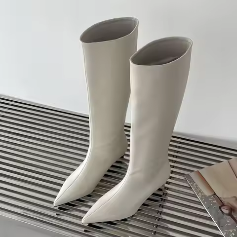 Eilyken High Quality Soft Leather Pointed Toe Knee-High Boots Woman Cosy Slip-On Low Heels Spring Au
