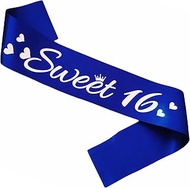 LXYXUUN Sweet 16 Sash Royal Blue, Silver Foil Birthday Sash for 16th Funny Birthday Party Decoration