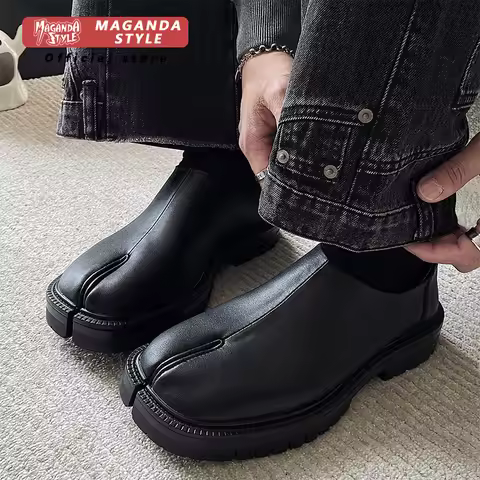 Maganad Tabi Babouches Loafer Flat Shoes for Women and Men Couple Shoe Split Toe Genuine Leather Bla