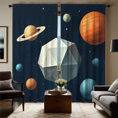 2pcs Space-Themed Curtains - Celestial Starry Sky Design with Planets, Stars & Galactic Elements, Se