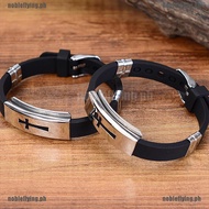 COD[NOB]Men Fashion Silver Cross Stainless Steel Black Rubber Bracelet Bangle W