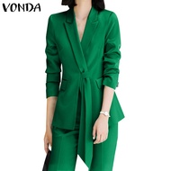Vonda Women Korean Casual Lapel Tied Solid Color Long Sleeve Blazer