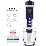 5 in 1 เครื่องตรวจจับคุณภาพน้ำ Meter มัลติพารามิเตอร์ 5-In-1PH/°C-°F/TDS(ละลายได้)/EC(การนำไฟฟ้า)/salinity(ความเค็ม）ตัวทดสอบคุณภาพ เครื่องทดสอบคุณภาพน