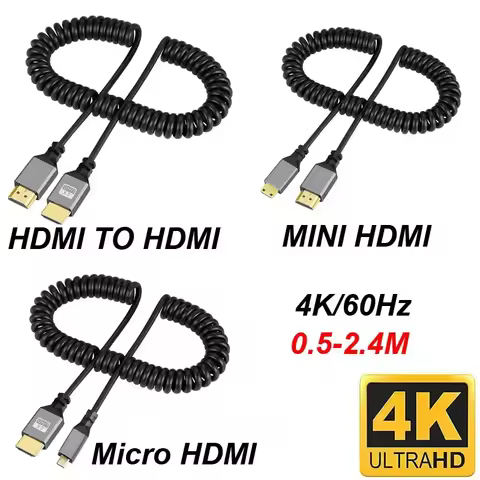 0.5-2.4M Flexible Spiral 4K@60HZ V2.0 HDMI-Compatible TO MINI HDMI MINIHDMI/ Micro HDMI MICROHDMI/Co