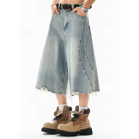 ZHIZOU Summer Women Goblin Core Blue Jorts Abi Y2K 2000s Knee Length Denim Shorts Japanese Harajuku 