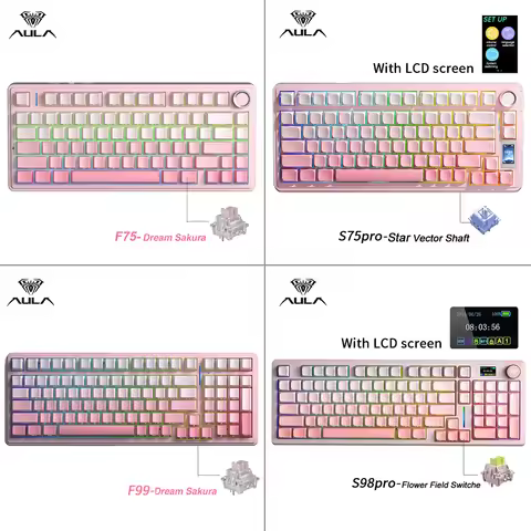 AULA F75/F99/S75 Pro/S98 Pro Gaming Keyboard Gradient Pink Wireless Wired 2.4g RGB Backlit Mechanica
