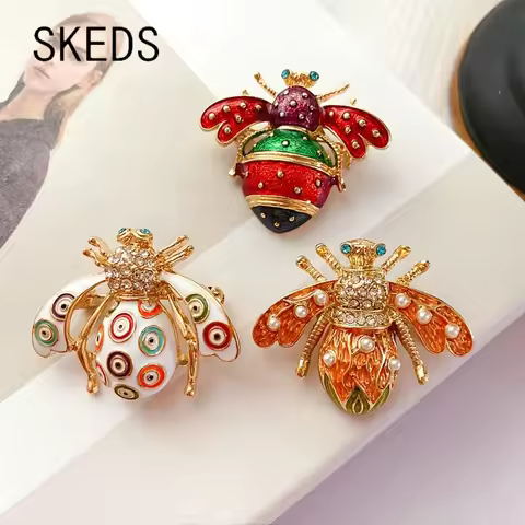 SKEDS Luxury Vintage Women Crystal Cute Enamel Bee Brooches Pins Baroque Pearl Insect Jewelry Brooch