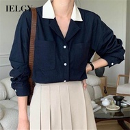 IELGY Áo Sơ Mi Thiết Kế Có Túi Ve Áo Màu Tương Phản Retro Kiểu Pháp Cho Nữ