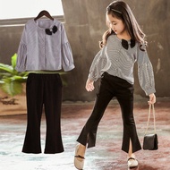 Blouses+Pants for Kids Girl Casual Striped Bow Shirt Boot Cut Pant Clothes 3 To 4 To 5 To 6 To 7 To 