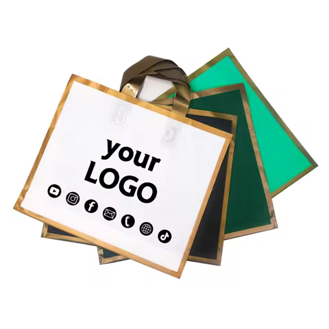 50 PCS Custom Logo Gift Bags with Handles Gold Frame Mall Apparel Packaging Product Shopping Bags Pr