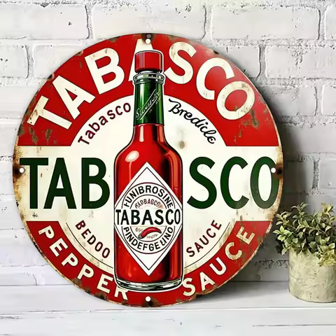 2D Flat - Vintage Tabasco Sauce Metal Sign -20cm Round Aluminum Wall Decor with Red & White Design, 