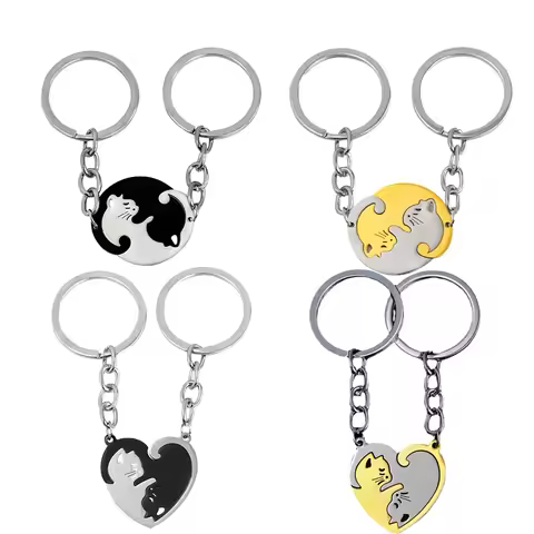 2Pcs/Set His Hers Matching Puzzle Yin Yang Cat Couples Keychains Stainless Steel Heart Key Ring BFF 