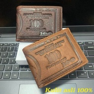 Dompet pria lipat mini klasik dengan motif uang dolar Amerika, kulit asli 100%.