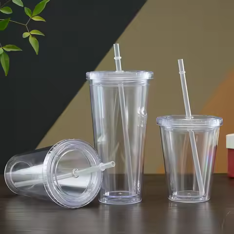 350ml/450ml/650ml Clear Tumbler With Straw Reusable Transparent Double-layer Water Bottle For Coffee