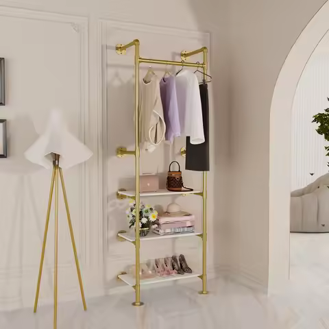 Wall Mounted Clothes Rack Industrial Pipe Gold Garment Rack with 3 Tier Shelves