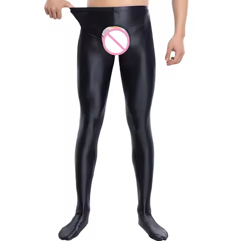 Mens Crotchless Pantyhose Leggings Stockings Oil Shiny Glossy Bodysuit Nightwear Club Transparent El