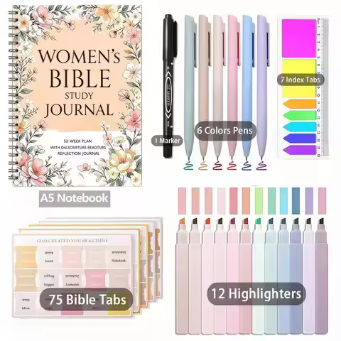 Complete Bible Study Set With Spiral Notebook, Pen & Tab System - Color-Coded Bible Verse Book, Chri