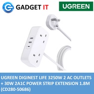UGREEN DIGINEST LIFE 3250W 2 AC OUTLETS + 30W 2A1C POWER STRIP EXTENSION 1.8M (CD280-50686C)