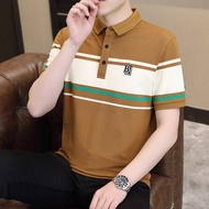 Striped Lapel Cotton T-shirt for Man 2023 New Korean Style Men Clothing Casule Loose Oversized Short Sleeved Male Polo Shirt