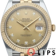 二手勞力士 Datejust 41 男士腕錶，鑲嵌 10 顆鑽石，五珠鏈 Datejust 41 126333G，附原廠錶盒和保固卡，18K 黃金/不鏽鋼材質，香檳色顏色，成色極佳。