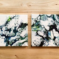 【流體藝術】原創畫作雙拼 | 細胞建構抽象藝術 | 黑藍冷色調掛畫