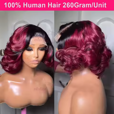 Bouncy loose Curly T1B/99J Burgundy Two Tone ombreColour Glueless Lace Frontal Wig Human Hair Ready 