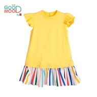 Good Mood by bsc เสื้อยืดแขนระบาย สีเหลือง+ชายกระโปรงลายริ้ว สีเหลือง สำหรับเด็กอายุ 2-9 ปี ผ้าคอตตอ