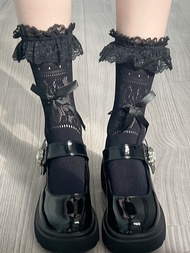 Tất Ống Giữa Ren Viền Mùa Xuân Hè Mỏng Cho Nữ Thắt Nút Bướm Tất Ngắn Phong Cách Lolita Tất Dày Y2K T