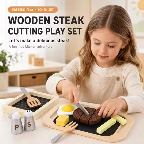 Children's Simulation Fried Steak Toys, Wooden Simulation Kitchen, Steak, Role-Playing, Early Educat