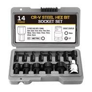 (ZKTI) 14Pcs Allen Hex Bit Socket Set 3-24mm Allen Key Hex Wrench Tool for Ratchet 1/2 Inch Drive Sc