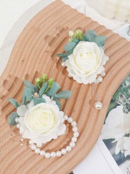 2 piezas de corsage de muñeca/novia/ramillete hecho a mano con perlas, follaje verde y brote de flor