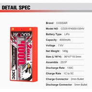 CODDAR 2S 4000MAH 130C 7.6V HARD CASE HV LCG SHORTY PACK BATTERY