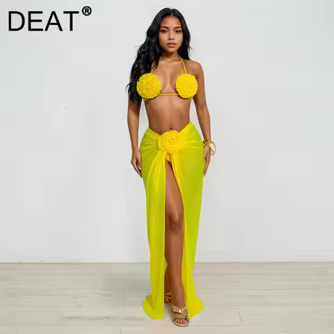 DEAT New 3 piece set Fashion Backless Halter Swimsuit For Women Beach Vacation Lace-up 3D Flower Bik