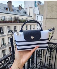 NM genuine longchamp Le Pliage Collection 2023 autumn/winter new horizontal stripe mini single handle Folding series bags navy blue stripe with pure cowhide shoulder strapswoman Bag 1018