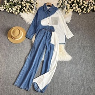 Retro Hong Kong สไตล์ชุดลําลองผู้หญิงเกาหลีรุ่นสีบล็อก DENIM เสื้อเอวสูงหลวมกางเกงขากว้าง 2 ชิ้นชุด