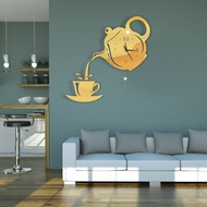 sale 3D Coffee Cup Teapot Self Adhesive Acrylic Mirror Clock Wall Stickers for Home Living Room Deco