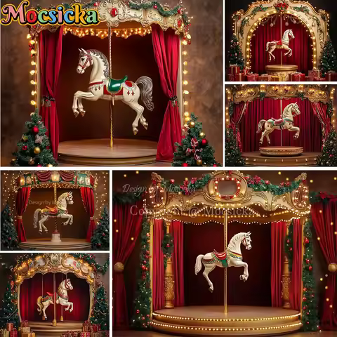 Mocsicka Red Christmas Carousel Background Photography Glitter Xmas Tree Gift Backdrop Decor Kids Wi
